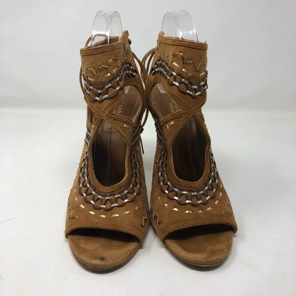 Aquazzura Sexy Thing Cut Out Suede Sandals Womens 40 US 9.5 Brown Artsy Boho - Picture 3 of 14